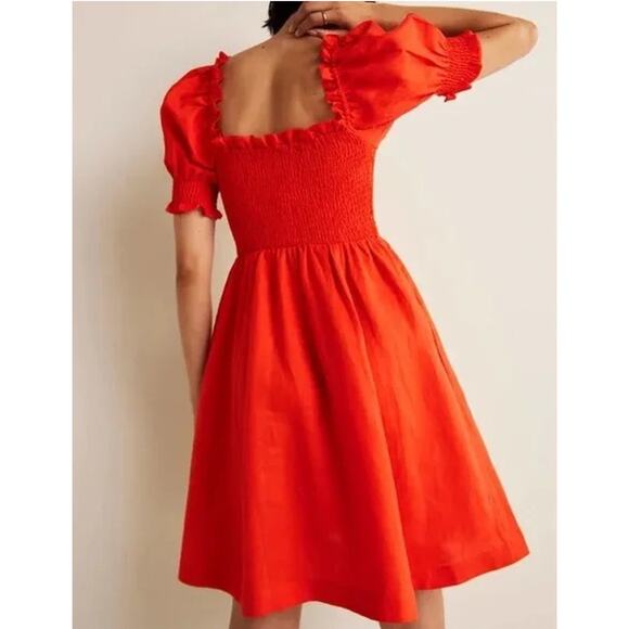 Boden Smocked Bodice Puff Sleeve Linen Mini Dress Bright Papaya US 8 - Picture 2 of 8